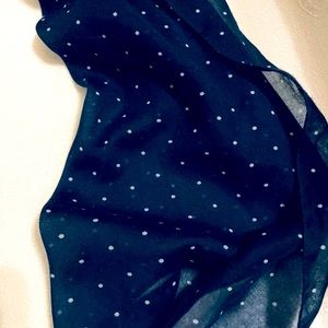 100% Polyester Scarf, 70”L X 26”W, beautiful navy blue with white polka dots